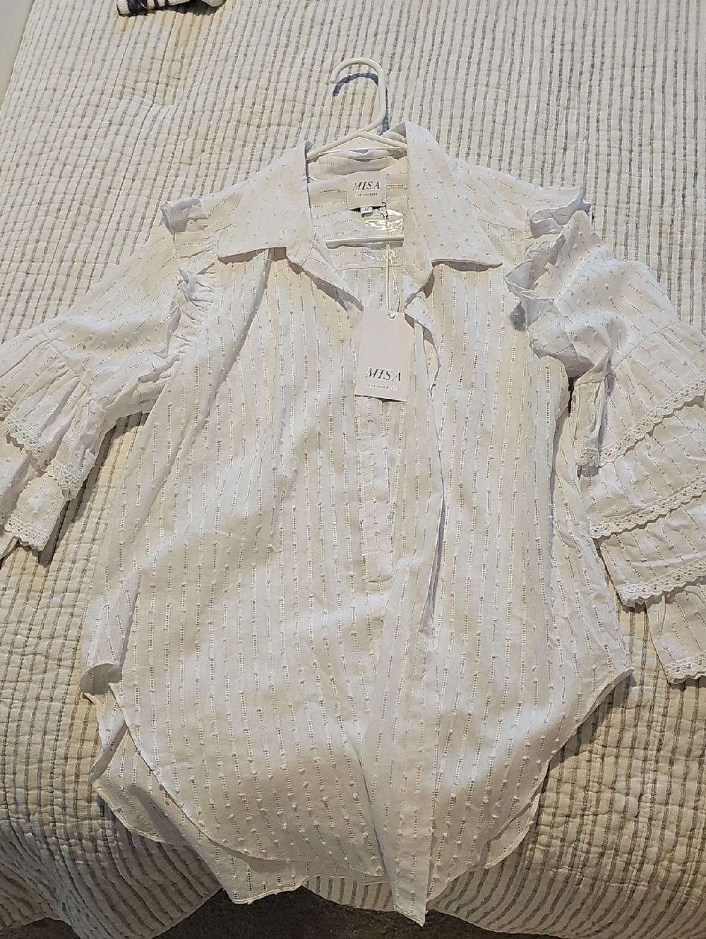MISA Los Angeles White Ruffle-Sleeve Button-Up Top